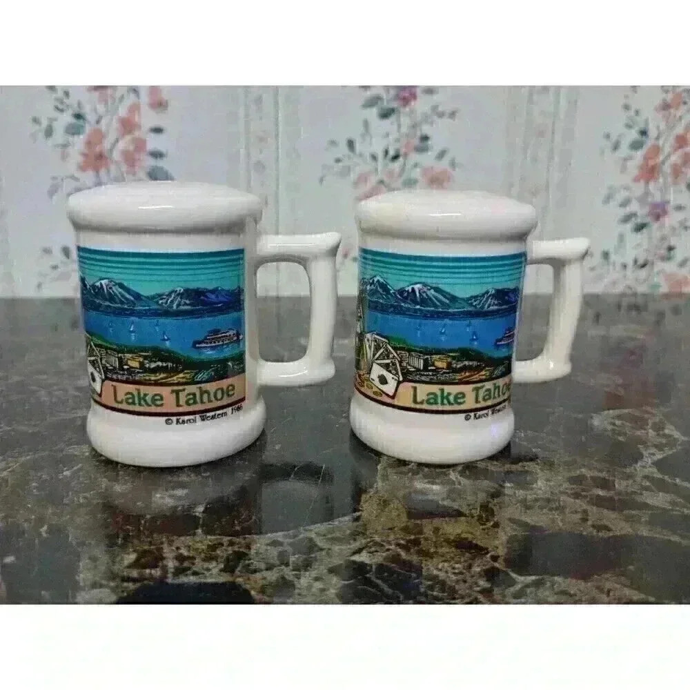 LAKE TAHOE SALT & PEPPER SHAKER SET DOWNHILL SNOW SLOPE MOUNTAIN GAMBLING 1986